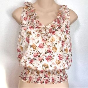 Xhiliration ruffled V neck floral shirt